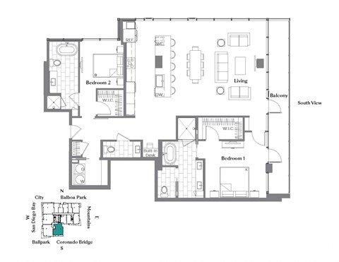 Floor plan for 2 beds, 2.5 baths, 1831 sqft